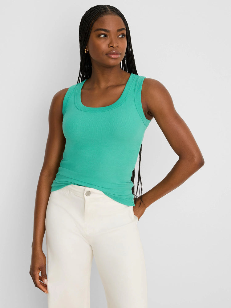 Fitted teal green ribbed knit scoop neck tank top.