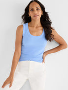 Light blue ribbed scoop neck tank, fitted.