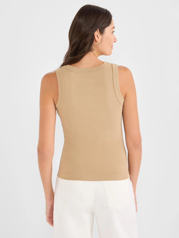 Fitted tan ribbed knit scoop tank top, back view.