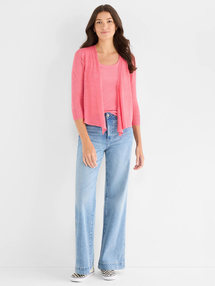 Coral pink ribbed scoop neck tank, shown under a matching cardigan.