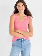 Pink ribbed scoop neck tank top.
