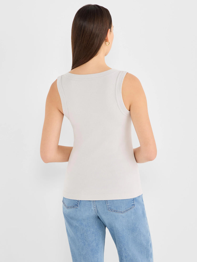 Pale grey Perfect Knit Rib Scoop Tank, back view on model. Ribbed texture, scoop neck, fitted.