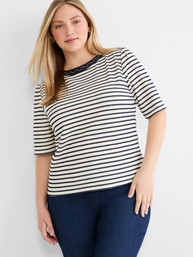Cream & navy dashed stripe boatneck top, elbow-length sleeves, gold embroidery on navy trim.