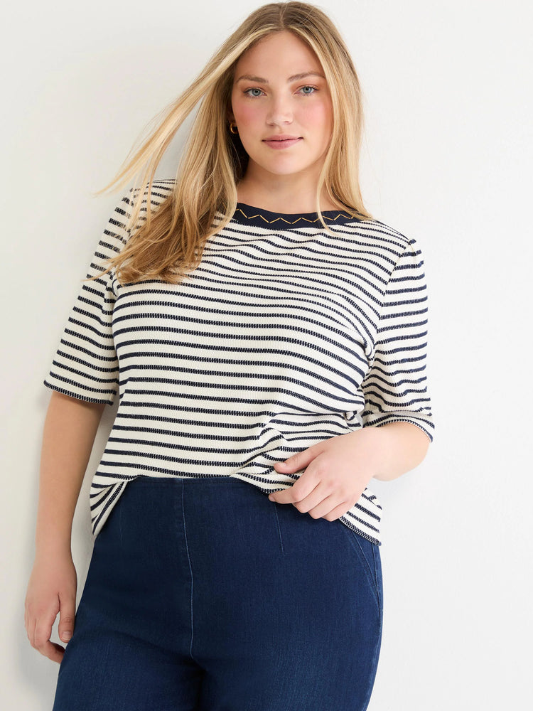 Cream & navy striped textured boatneck top with 3/4 sleeves and gold embroidery on the navy neckline trim.