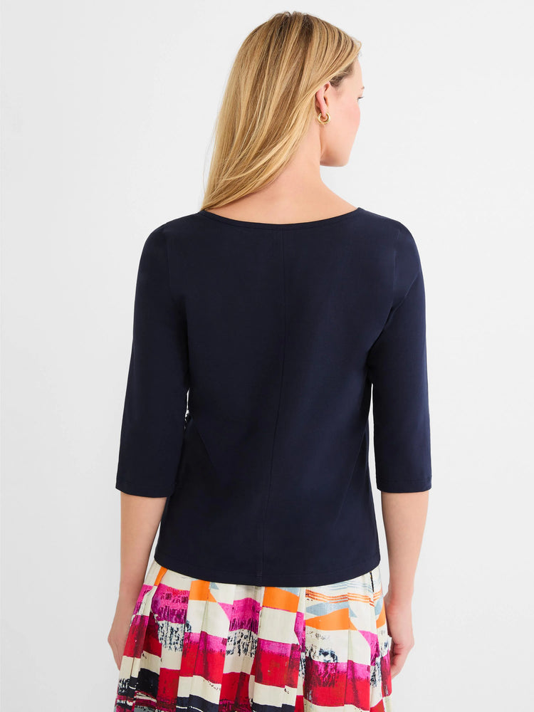 Navy blue top, back view, with 3/4 sleeves, wide boat neck, and a center back seam.