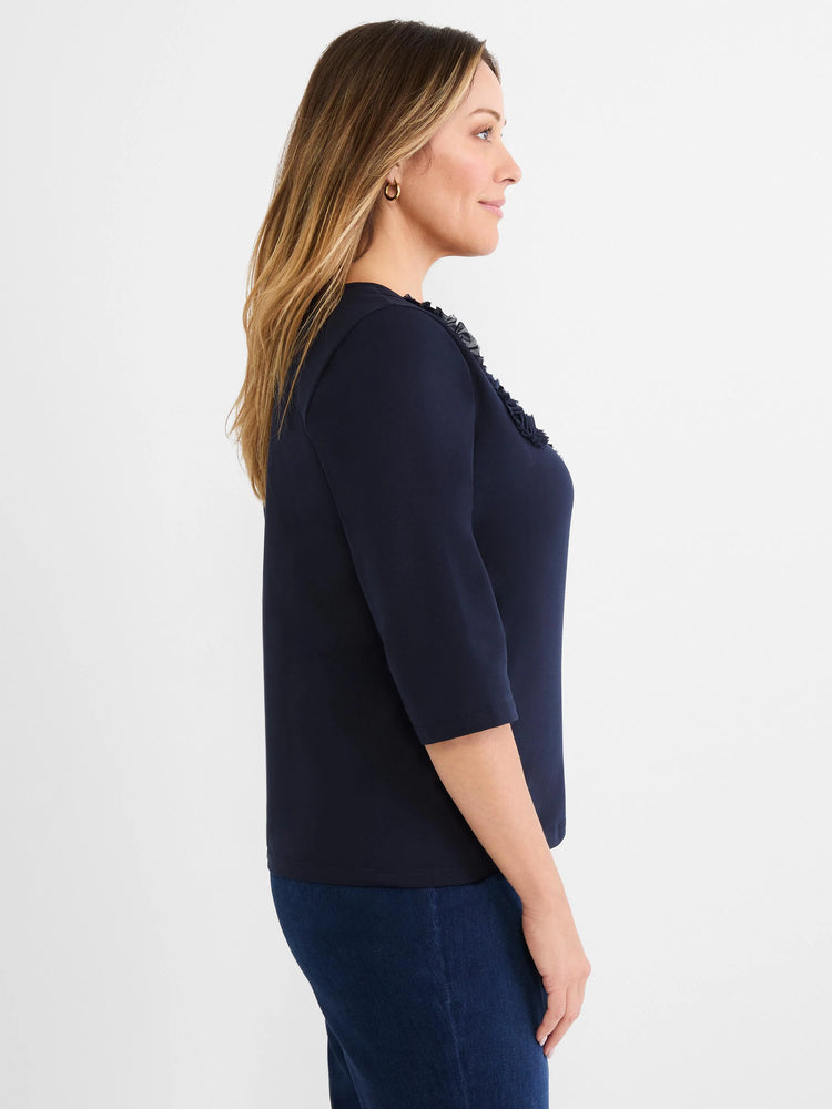 Navy blue 3/4 sleeve top with ruffled mesh applique along the shoulder.