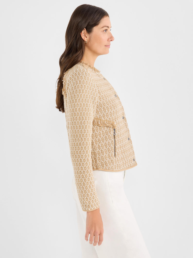 Fitted collarless knit jacket in beige and white diamond weave with fringe trim and snap buttons.
