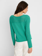 Teal green sweater with pointelle knit yoke & sleeves, solid knit body. Model poses from behind.
