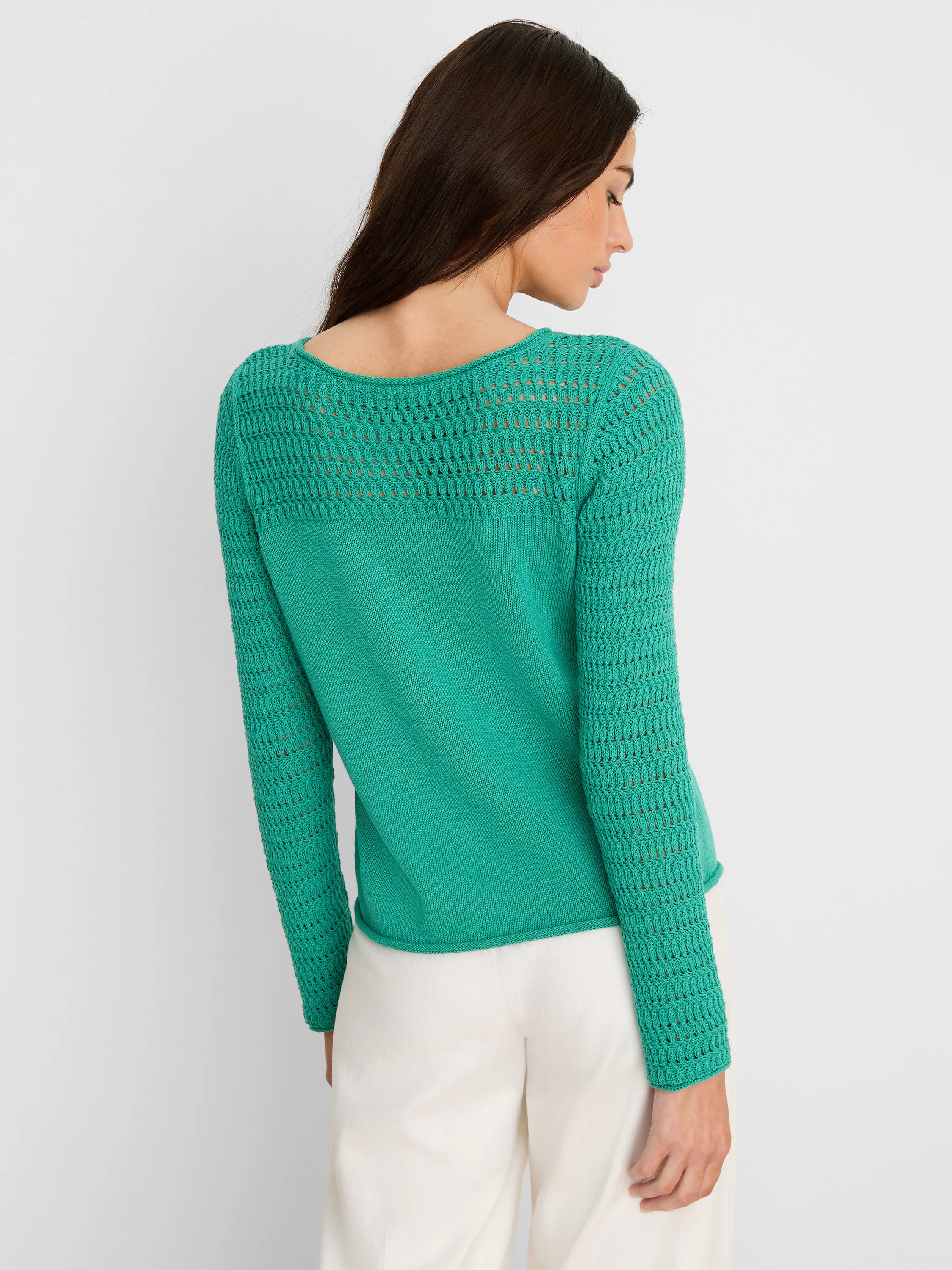Teal green sweater with pointelle knit yoke & sleeves, solid knit body. Model poses from behind.