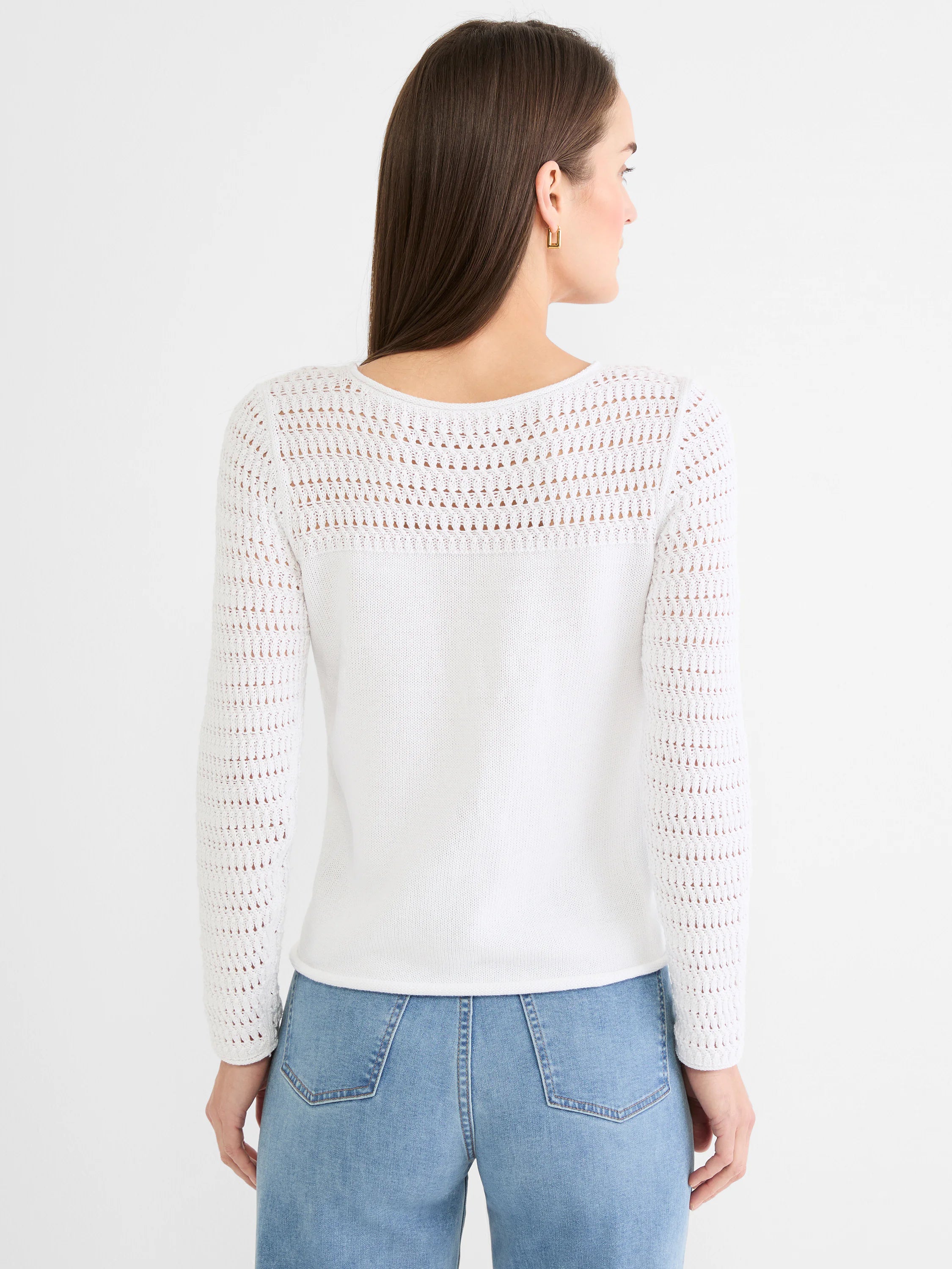 White Placed Pointelle Sweater, back view. Openwork knit on upper back & sleeves, solid body.