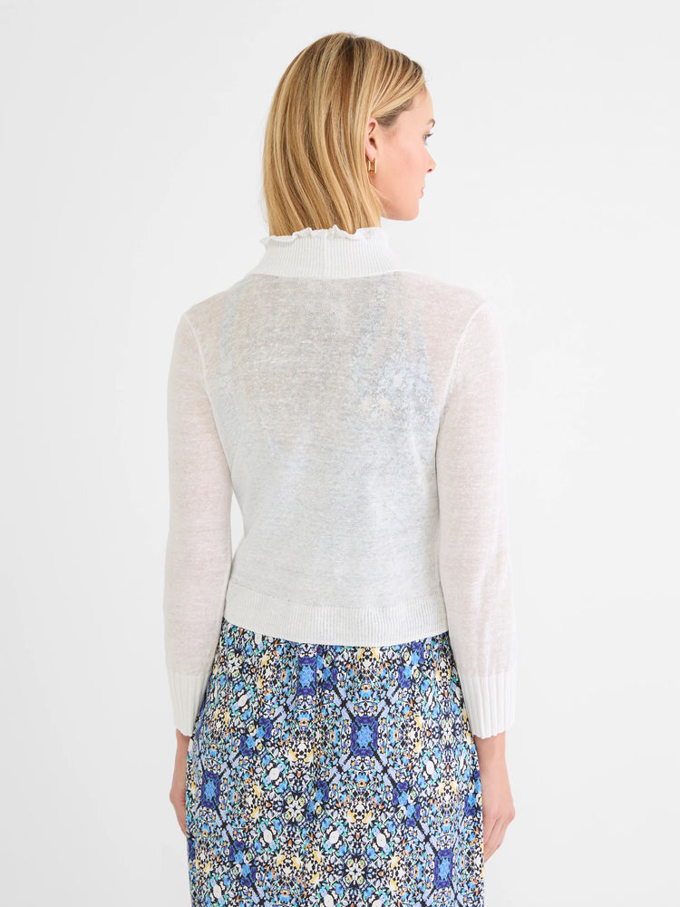 Off-white sheer featherknit cardigan with ruffled mock neck, ribbed cuffs & hem, shown from back.