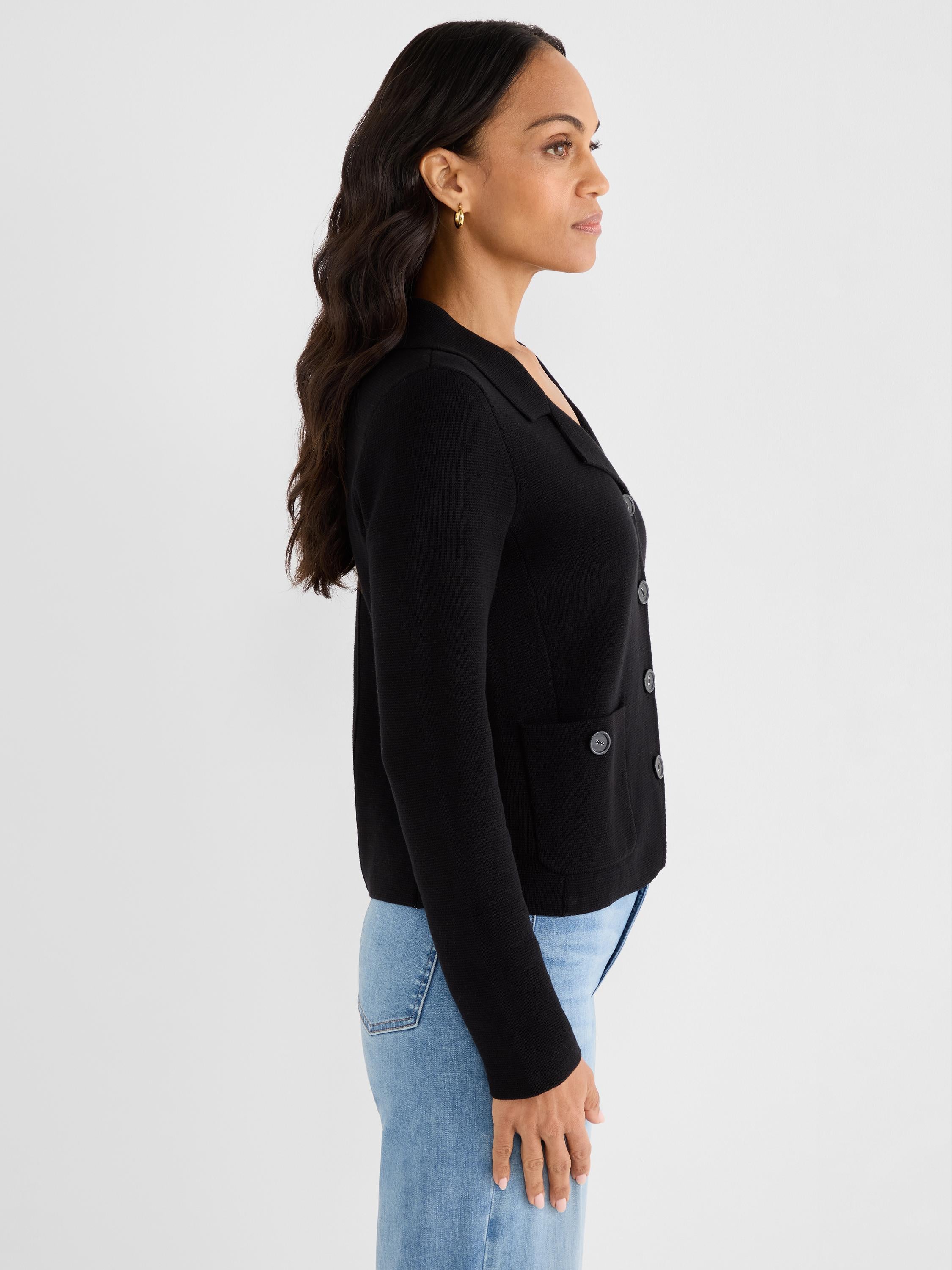 A black, fitted, button-front sweater jacket with a blazer-style collar and two buttoned patch pockets is shown.