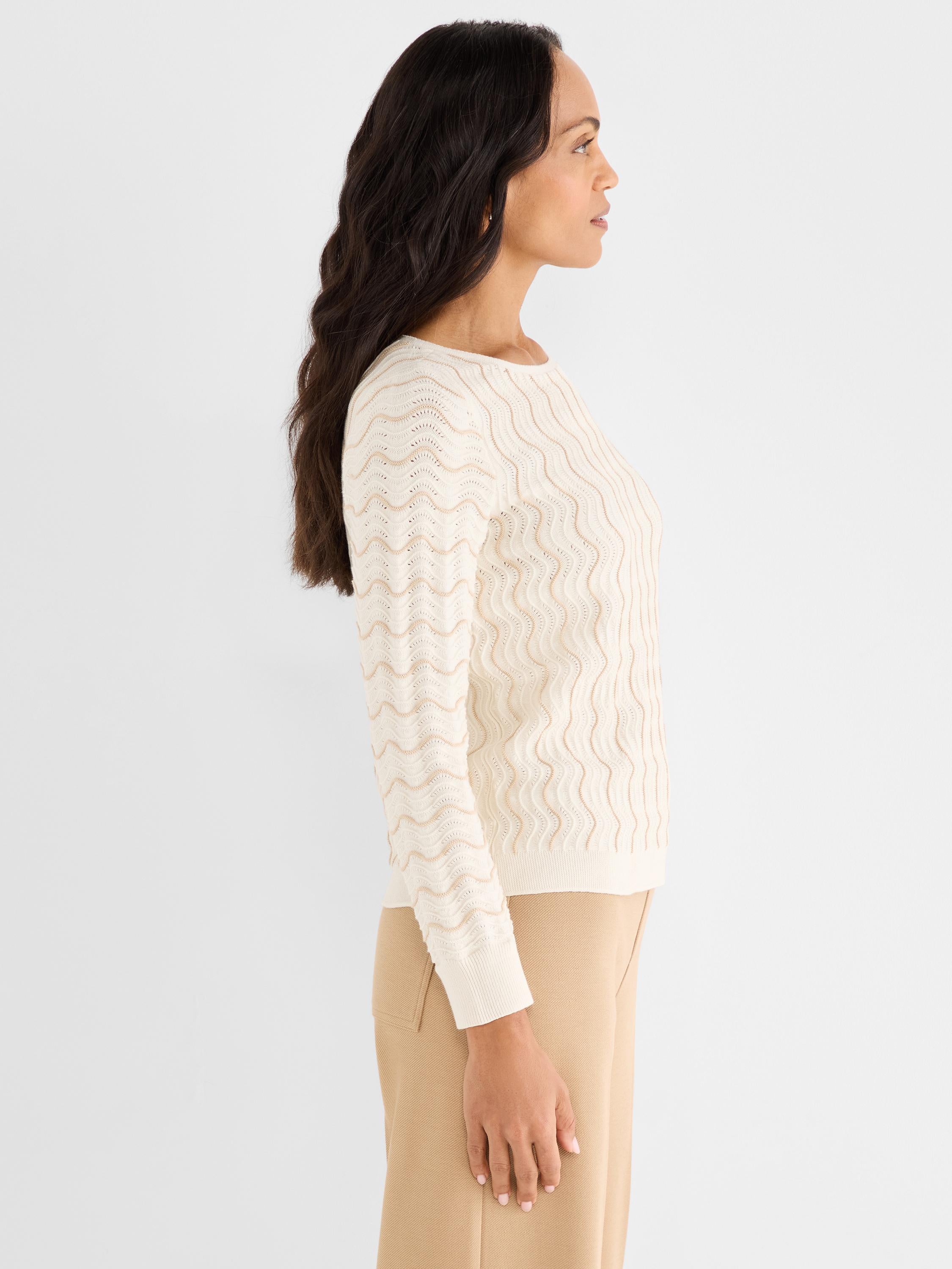 Cream slim-fit boat neck sweater with long sleeves and a beige wavy open-knit texture.