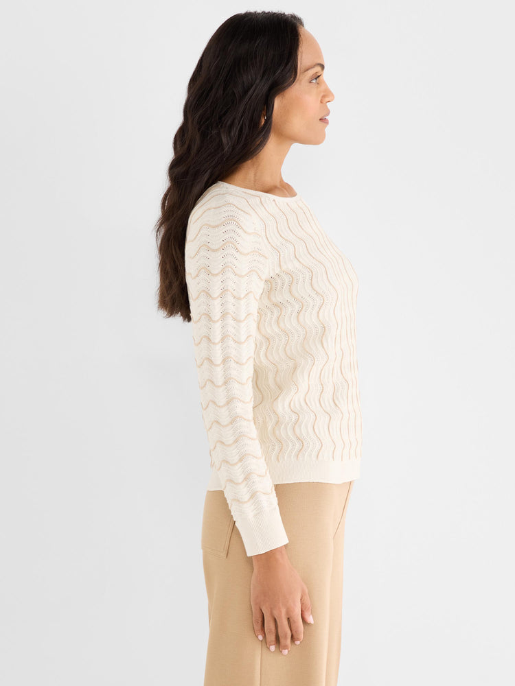 Cream slim-fit boat neck sweater with long sleeves and a beige wavy open-knit texture.