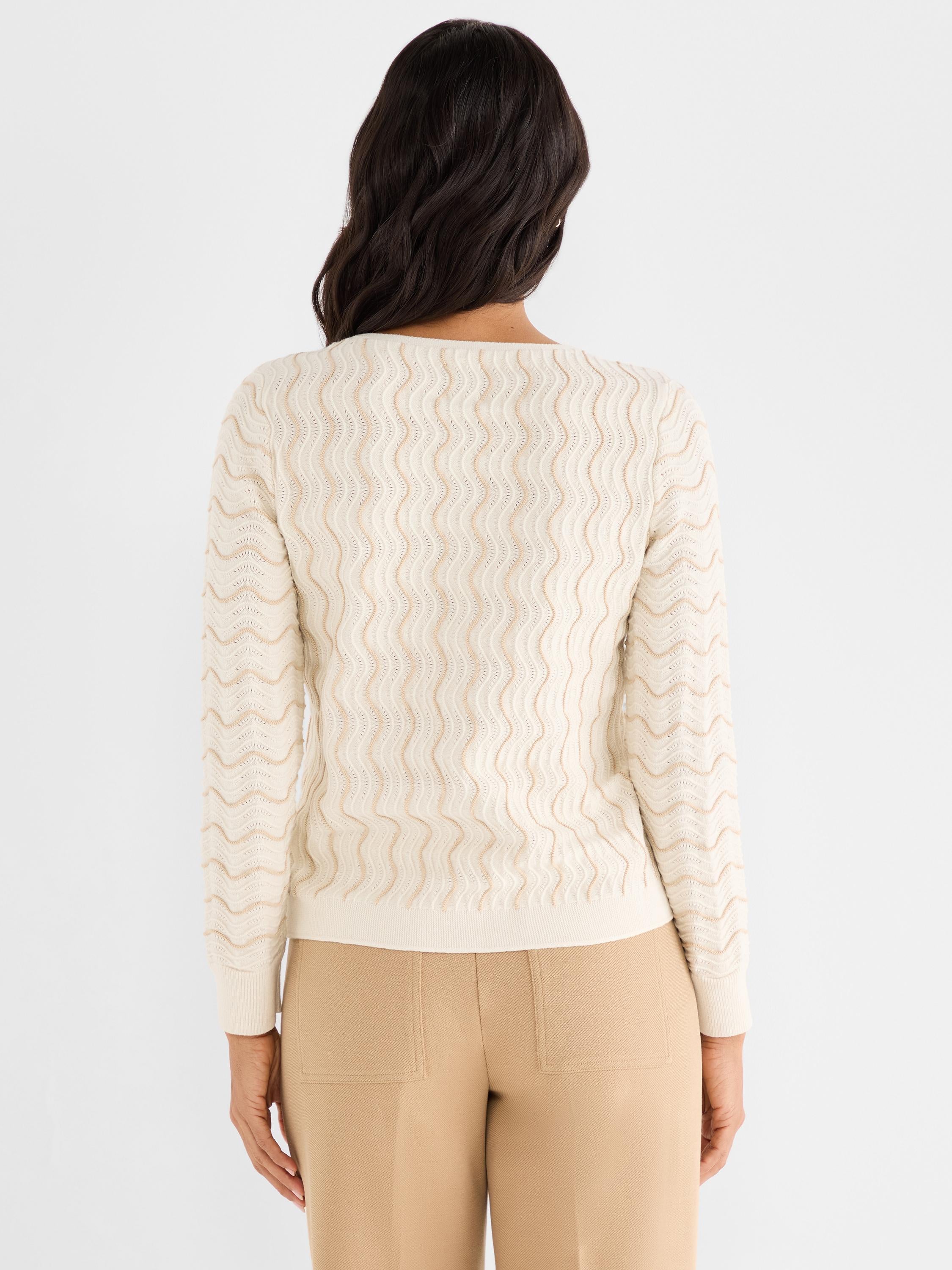 Cream sweater with long sleeves featuring a semi-fitted silhouette and an intricate beige ripple knit pattern.