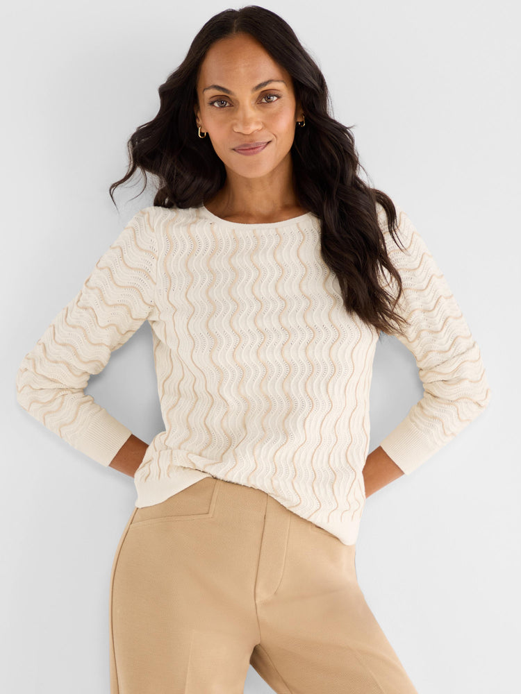 Model wears a fitted cream sweater with a boat neck, long sleeves, and an all-over beige wavy open-knit pattern.