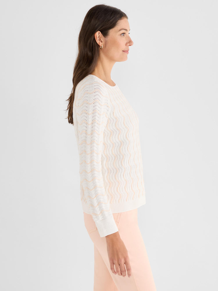 This white long sleeve sweater features a peach wavy textured pattern and a regular fit with a classic crew neck.