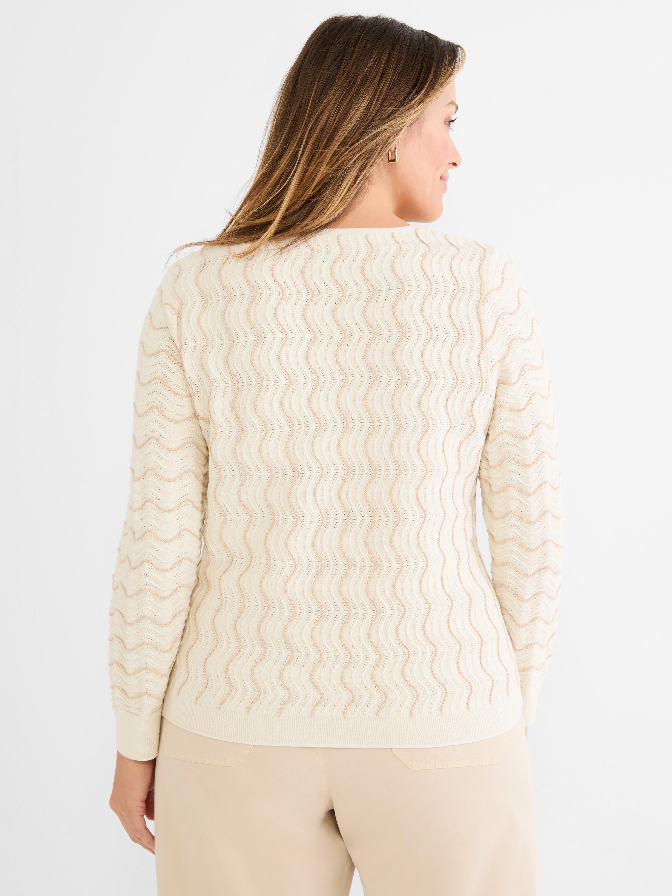 Neutral long-sleeve sweater in a standard fit featuring a cream and tan bicolor wavy open knit design.