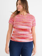 Pink, orange & white spacedye knit sweater tee with tuck stitch texture & short sleeves.