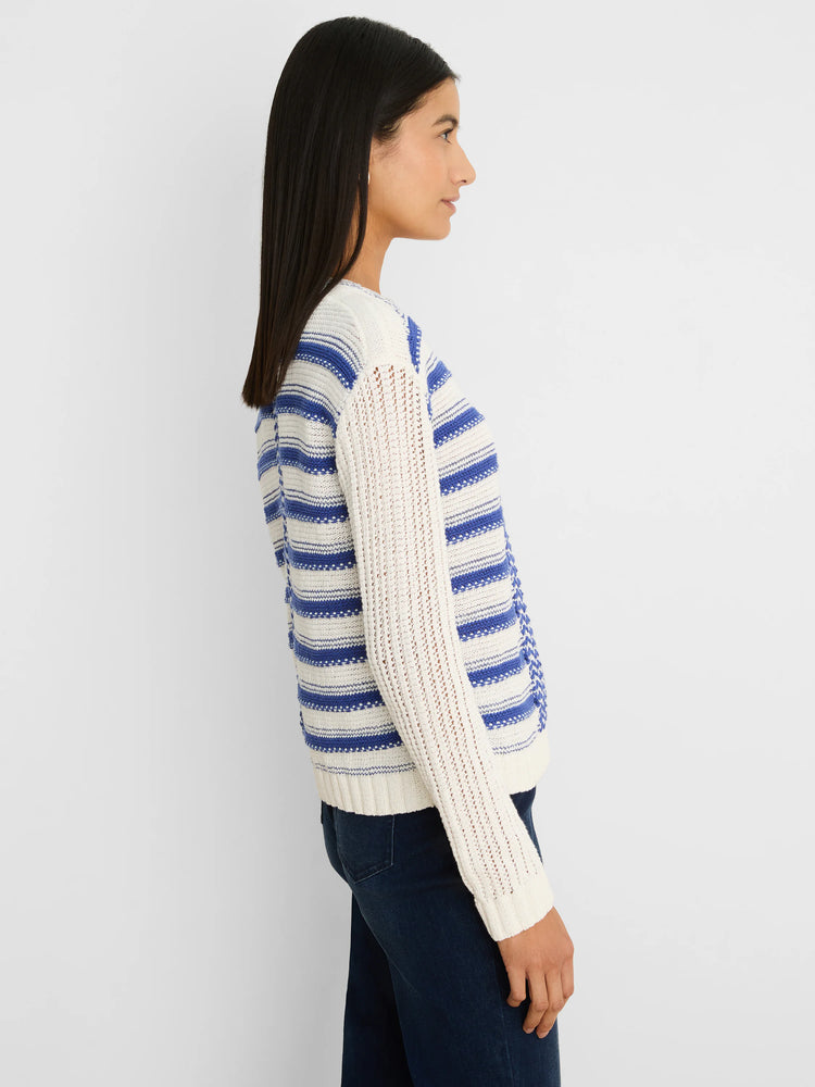 Cream and blue horizontally striped cardigan with open-knit long sleeves.