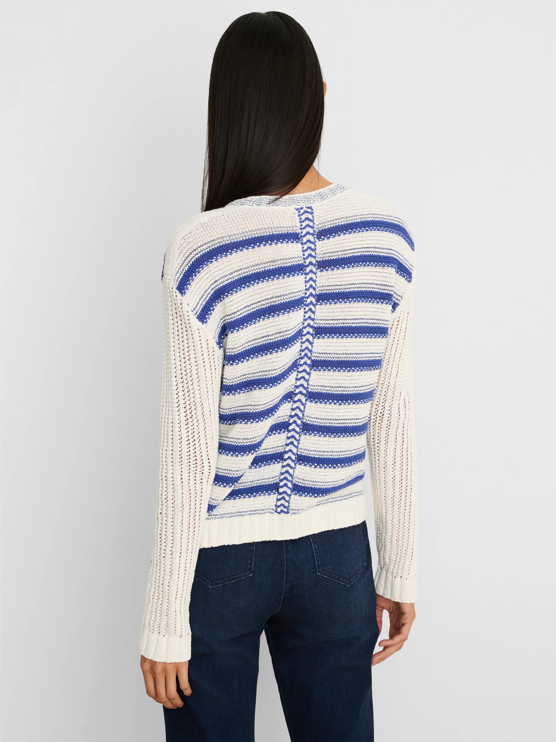 Cream open-knit cardigan with blue horizontal stripes and a vertical chevron detail down the back.