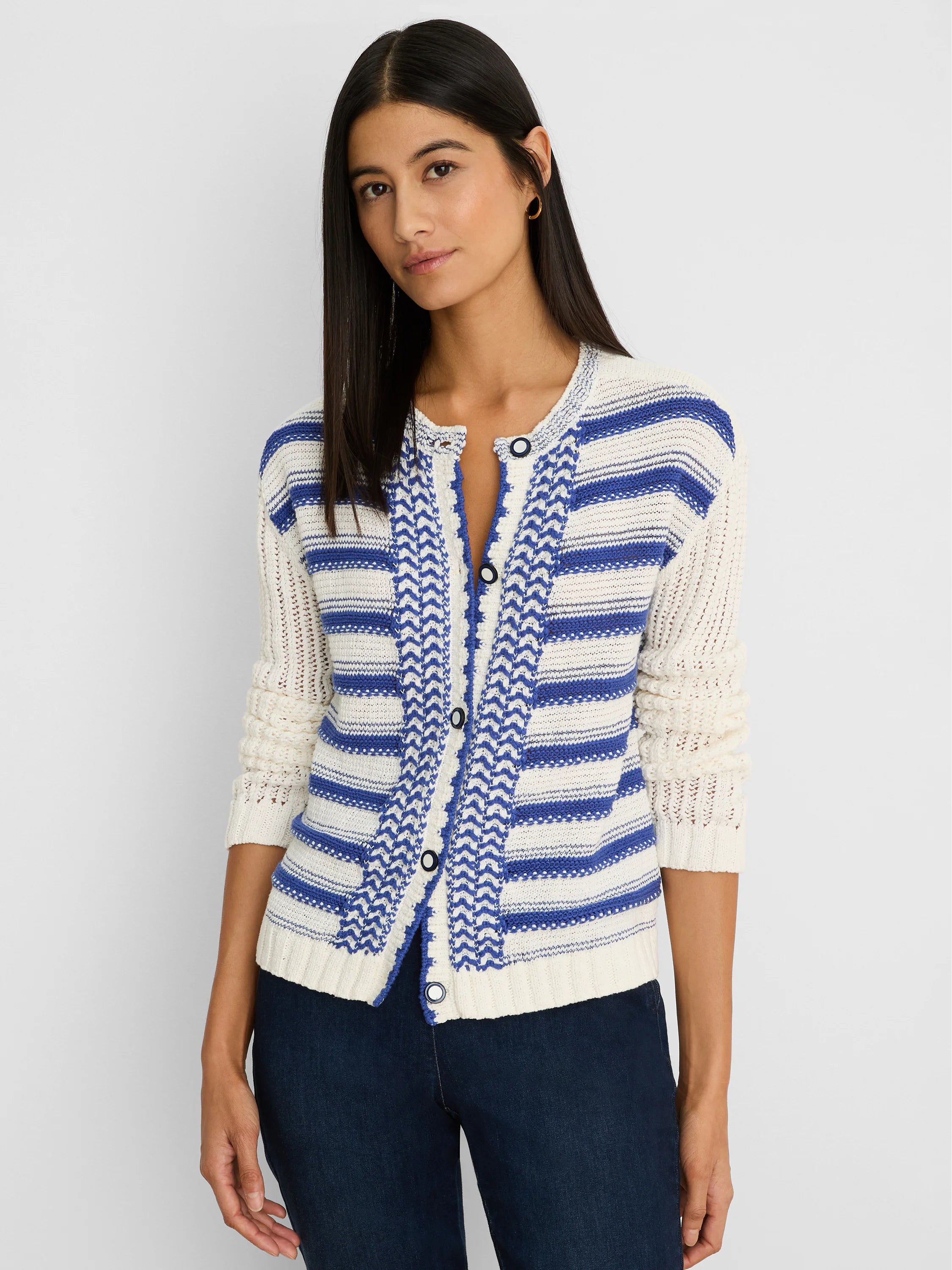 Knit cream & blue striped cardigan with chevron placket, 3/4 sleeves, and contrast-rim buttons.