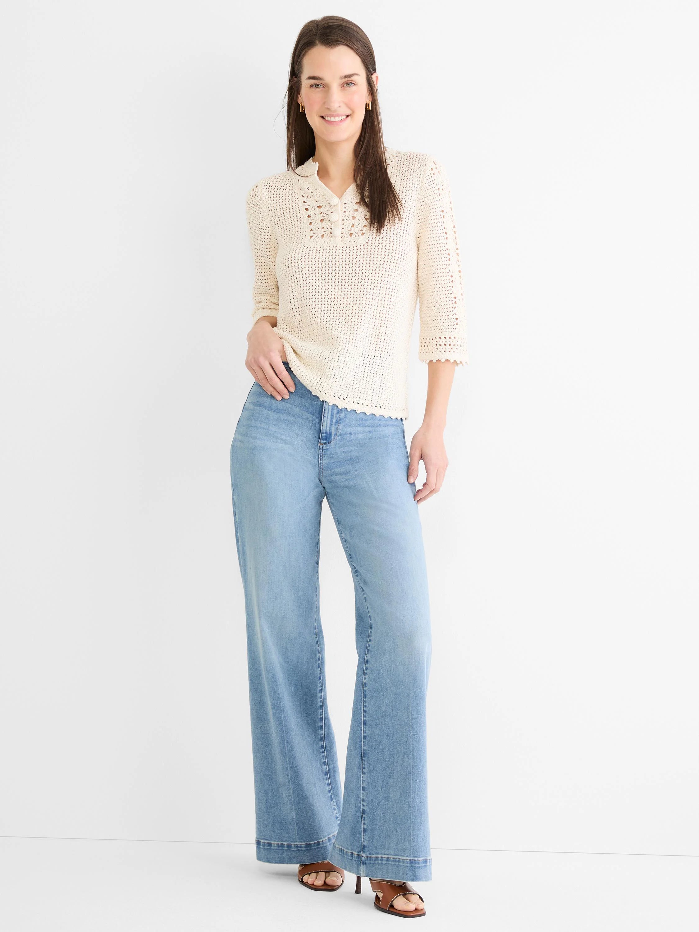 Cream crochet mesh sweater with a polo collar, 3/4 sleeves, and scalloped edges.