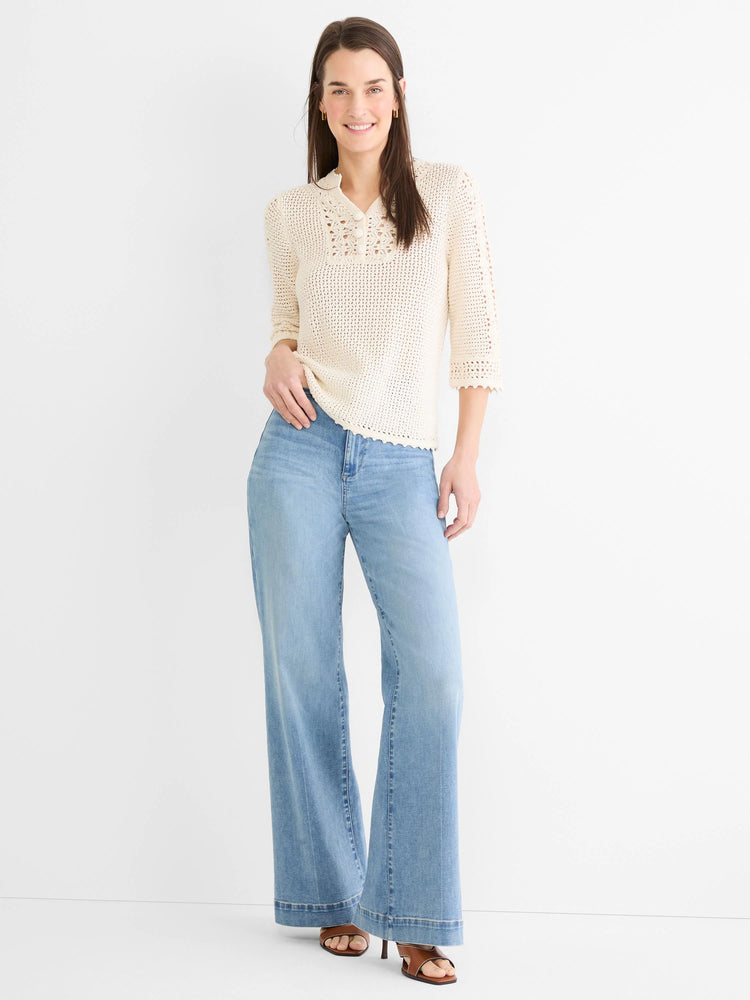 Cream crochet mesh sweater with a polo collar, 3/4 sleeves, and scalloped edges.