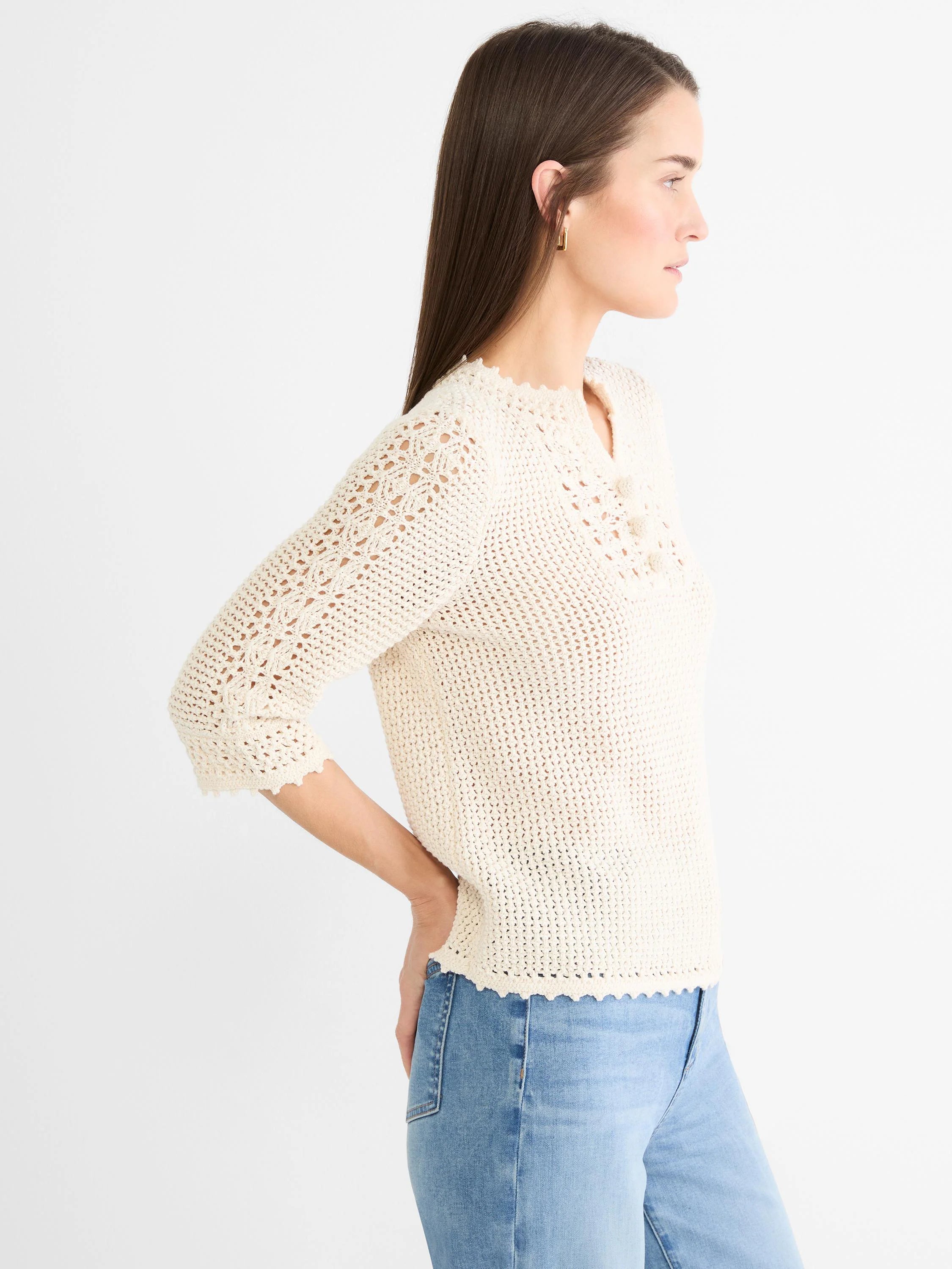 Cream crochet sweater with 3/4 sleeves, scalloped trim, openwork mesh design, and small floral details.