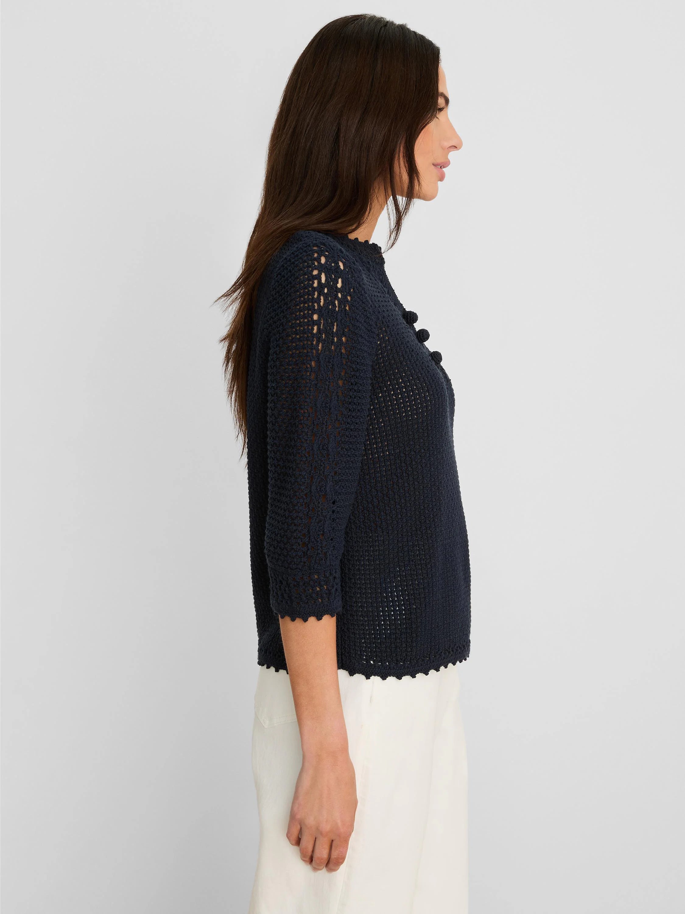 Navy crochet mesh sweater with mock neck, 3/4 sleeves, bobble details, and scalloped edges.