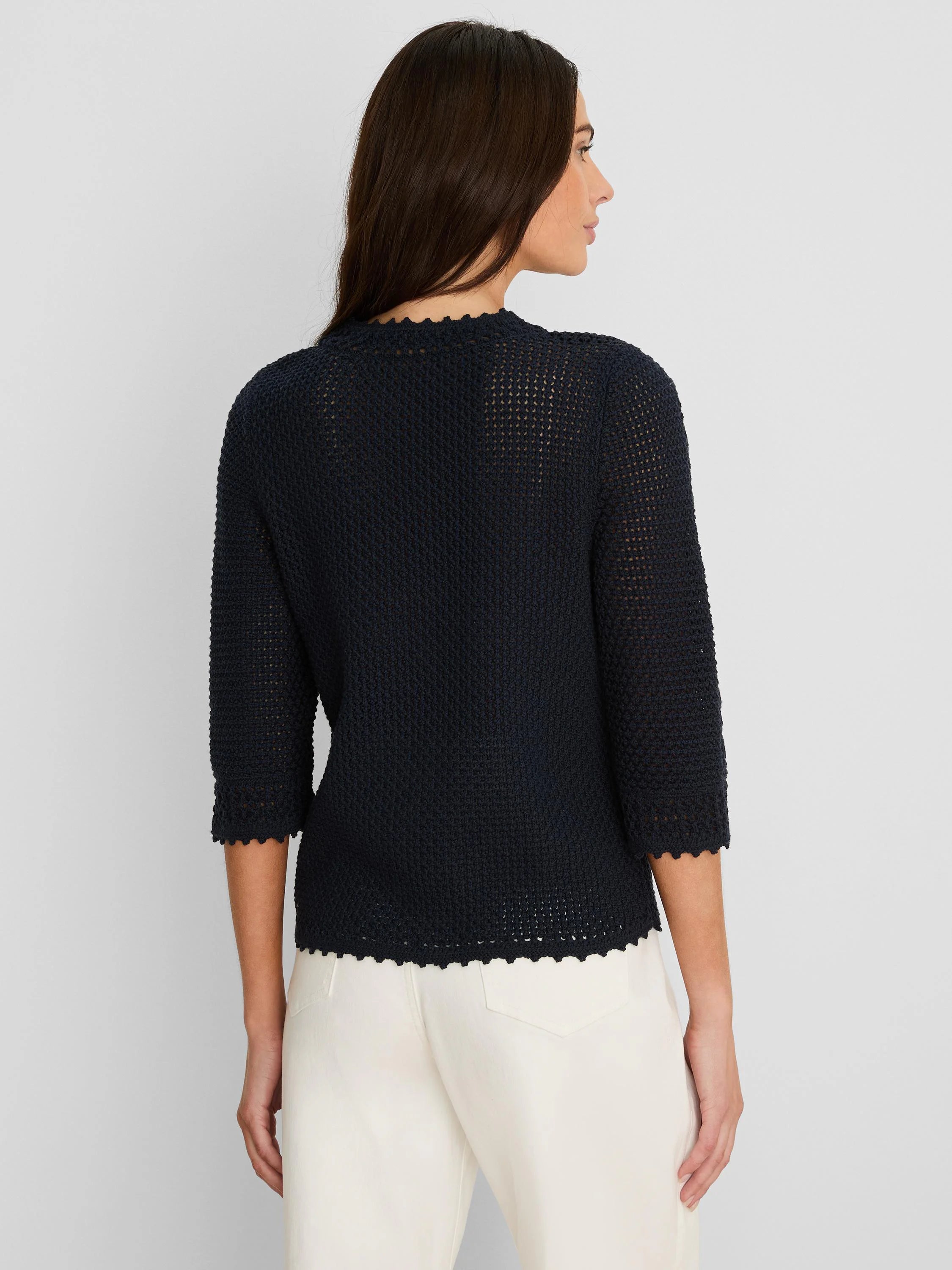 Model wearing dark blue crochet mesh sweater with 3/4 sleeves and scalloped trim.