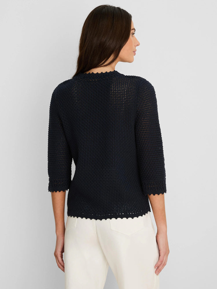 Model wearing dark blue crochet mesh sweater with 3/4 sleeves and scalloped trim.