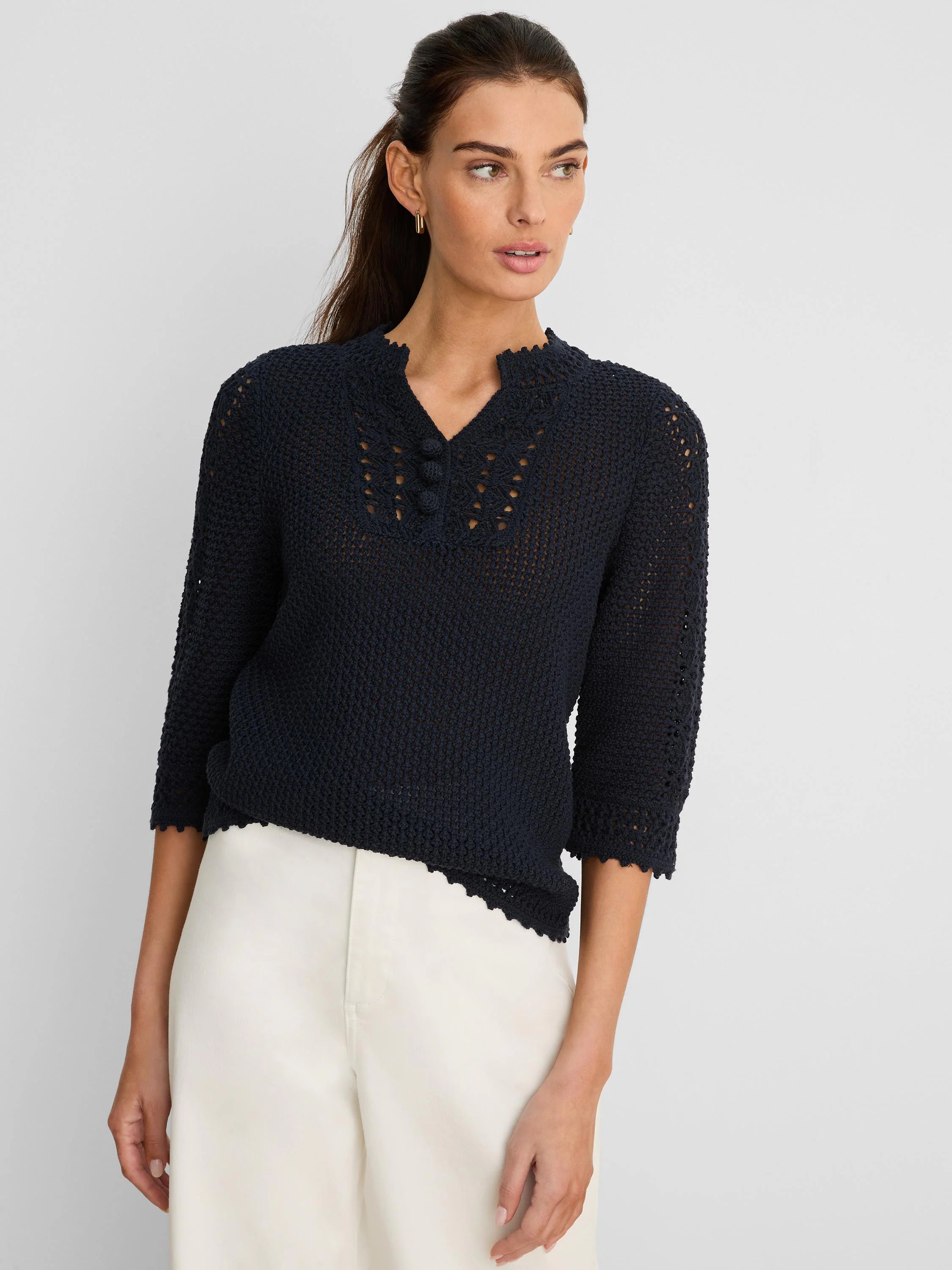 Navy crochet mesh sweater with V-neck, 3 decorative buttons, 3/4 sleeves, and scalloped cuffs and hem.