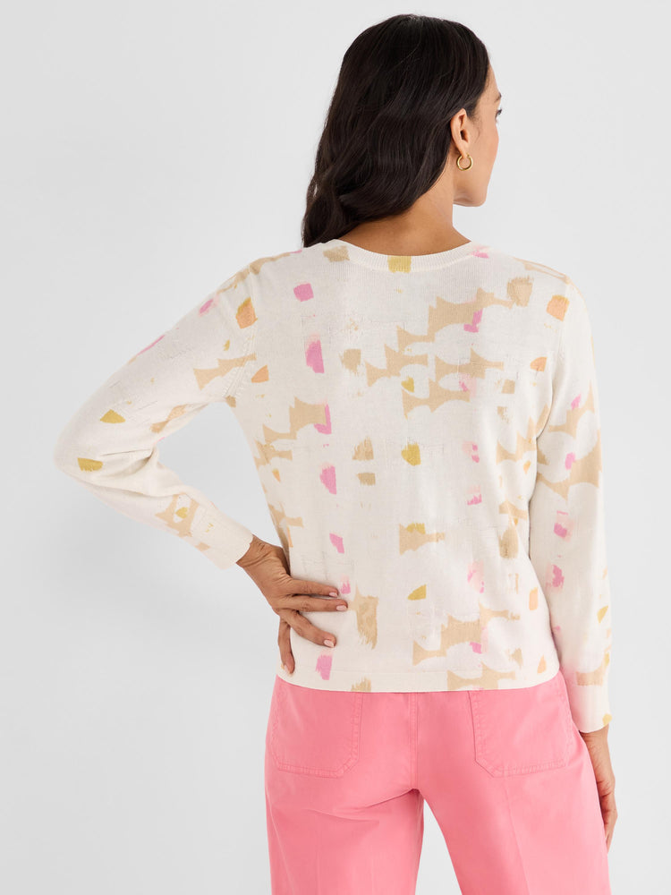 Cream knit crewneck sweater in a regular fit with an abstract pink, yellow, and tan pattern.