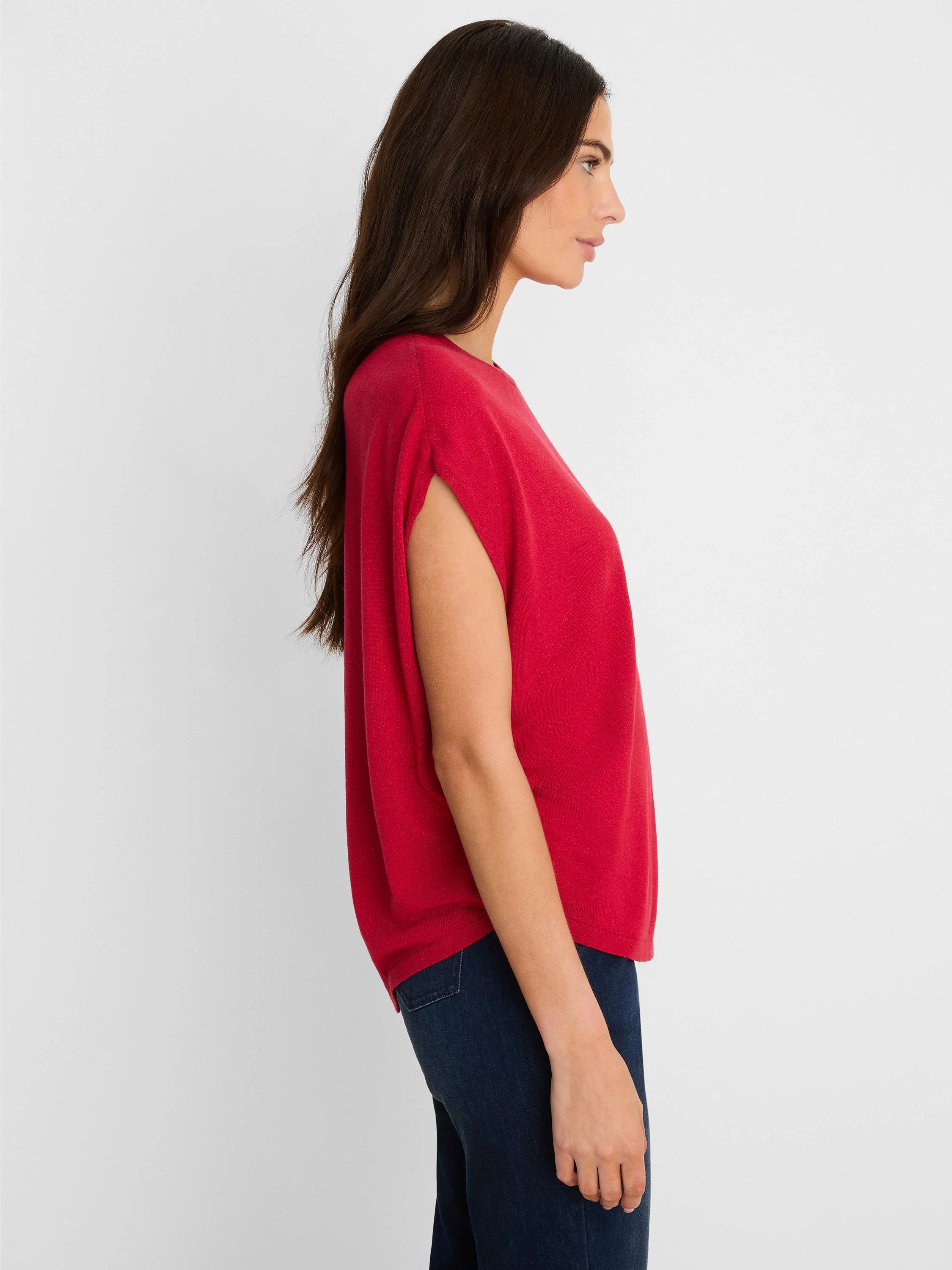 Red loose-fit sweater with short, open, draped sleeves and a round neckline.