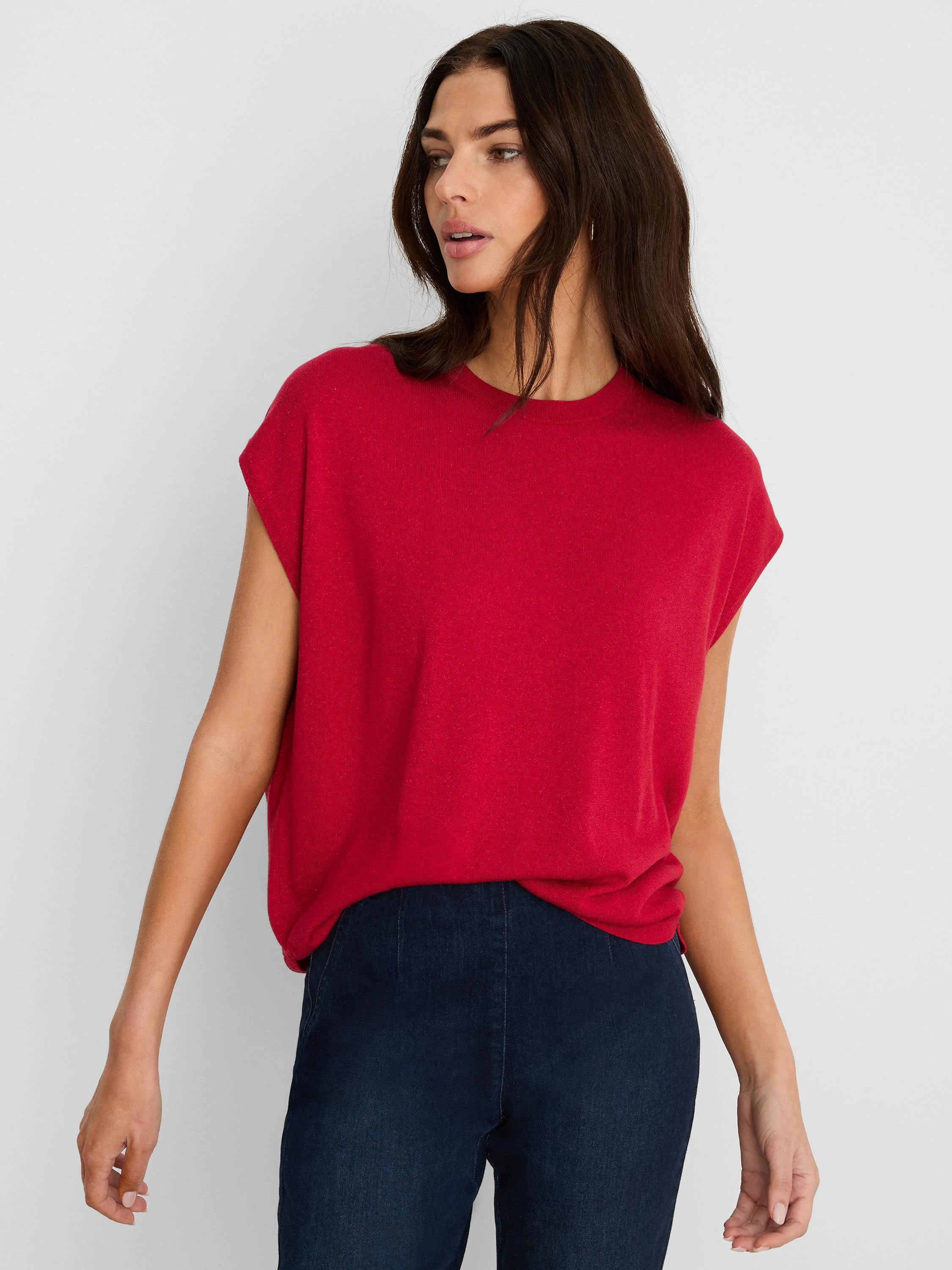 Red, textured knit cocoon sweater with short cap sleeves and a crew neck.