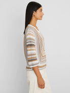 Cream, beige, light grey, and brown striped sweater with mixed knit textures and 3/4 sleeves.