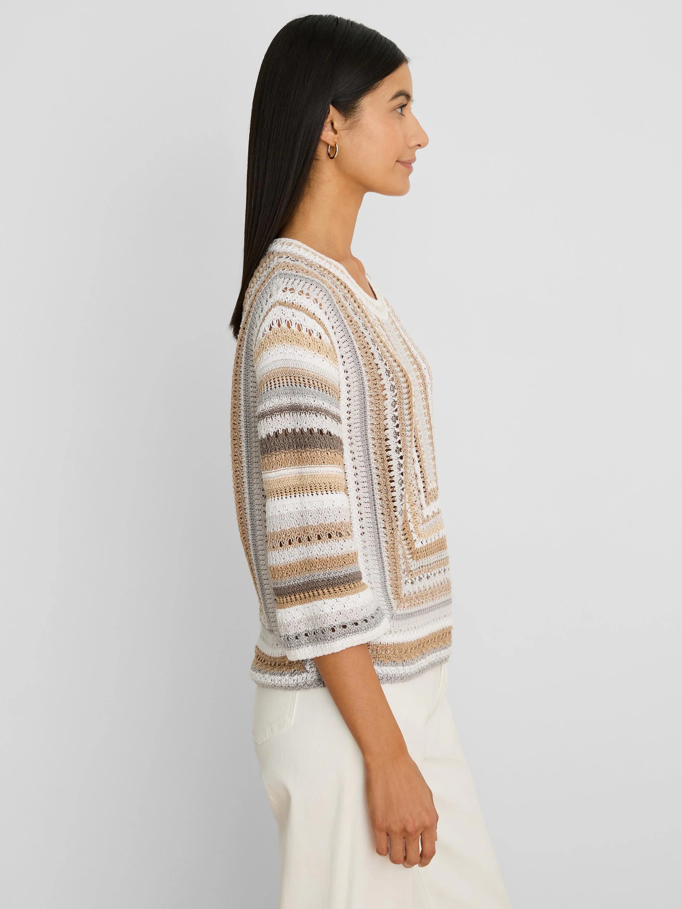 Cream, beige, light grey, and brown striped sweater with mixed knit textures and 3/4 sleeves.
