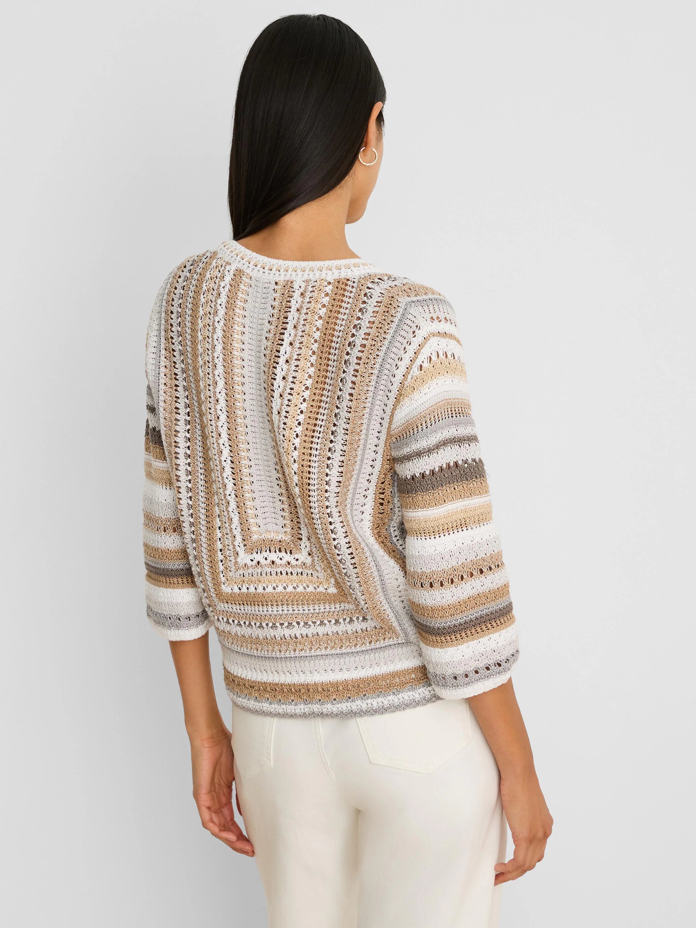 Cream, tan, and grey striped sweater with an open-knit texture, round neck, and 3/4 sleeves.