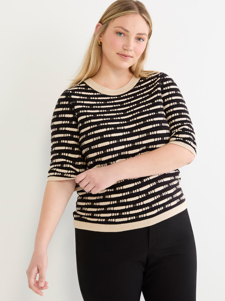 A fitted short-sleeve sweater in black and beige features a textured horizontal stripe pattern and contrasting ribbed trim.