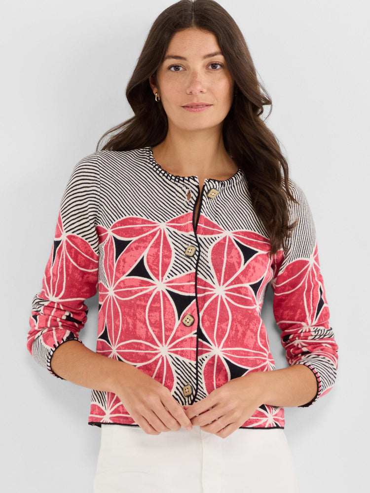 Cropped fitted cardigan with a mixed knit pattern of bold pink florals on the body and narrow black and white stripes on.