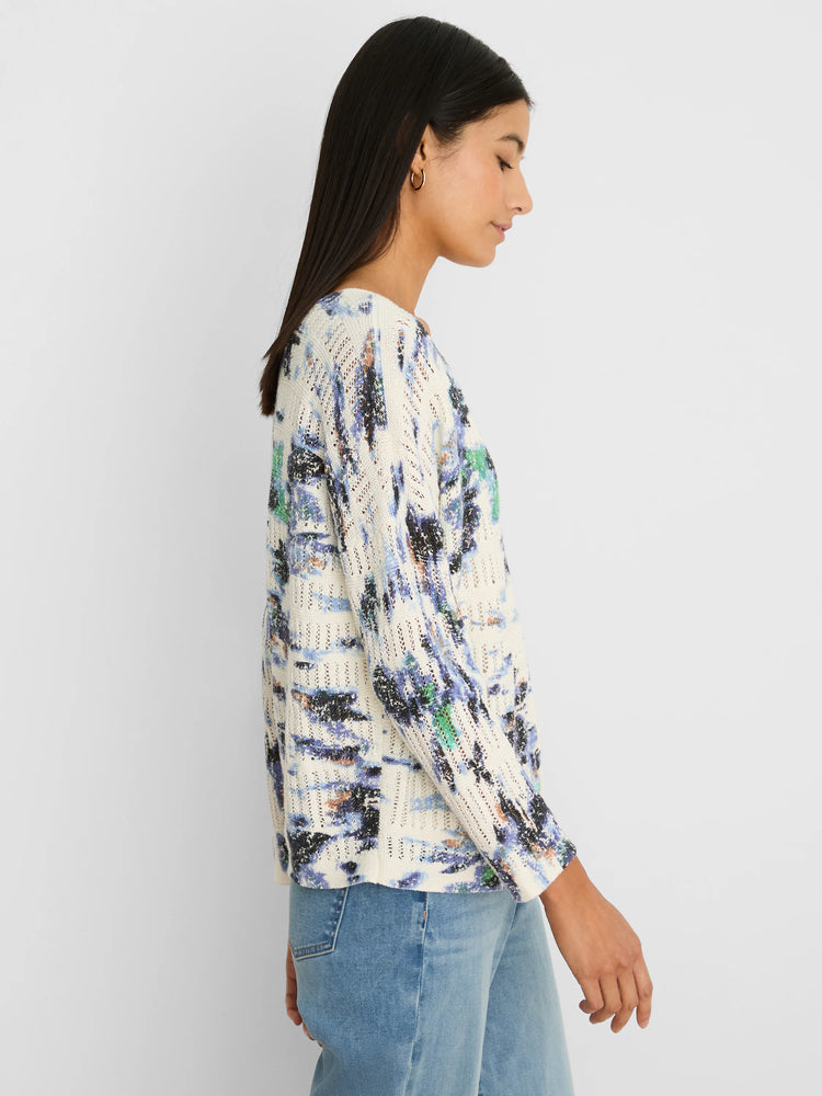 Cream pointelle knit sweater with an abstract pattern of blue, black, green, and peach-orange patches.