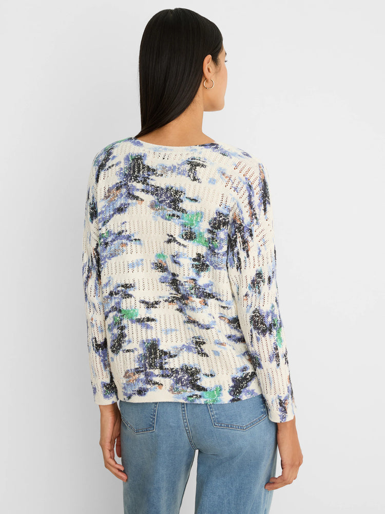 Cream pointelle sweater with abstract blue, green, black, and tan "Water Lilies" pattern, worn from the back.