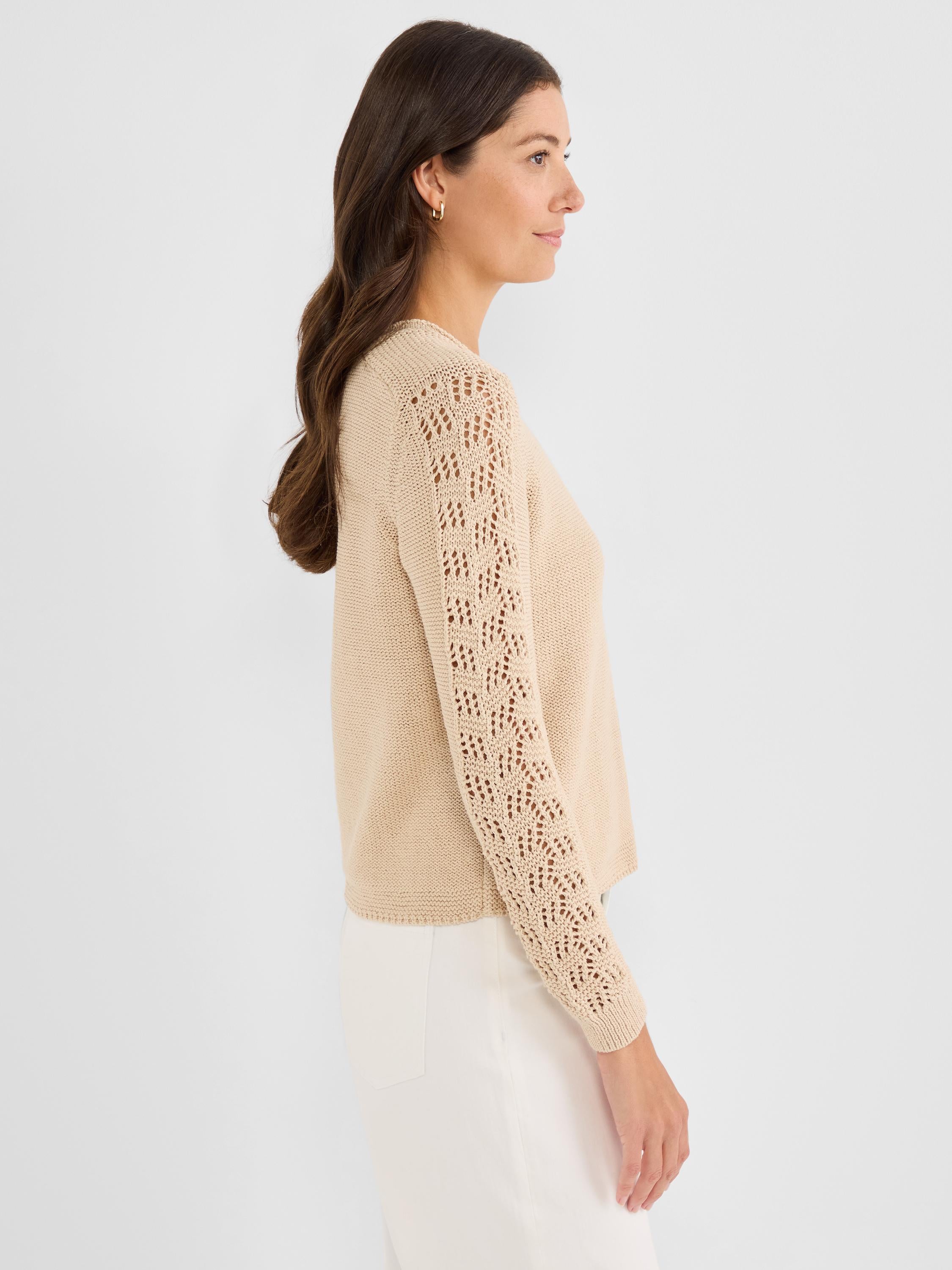 Beige knit sweater with a regular fit and long sleeves featuring detailed open-knit pointelle lace panels.