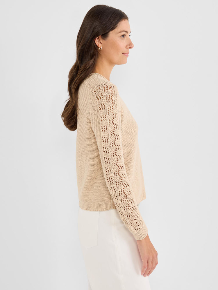 Beige knit sweater with a regular fit and long sleeves featuring detailed open-knit pointelle lace panels.