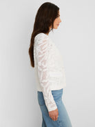 White lace jacket with an all-over leaf pattern, long sleeves, and two front flap pockets.