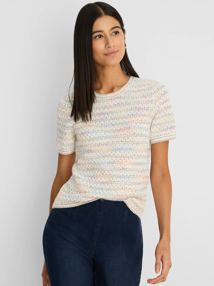 Off-white short-sleeve sweater tee with a round neck, featuring a multicolored speckled knit pattern.