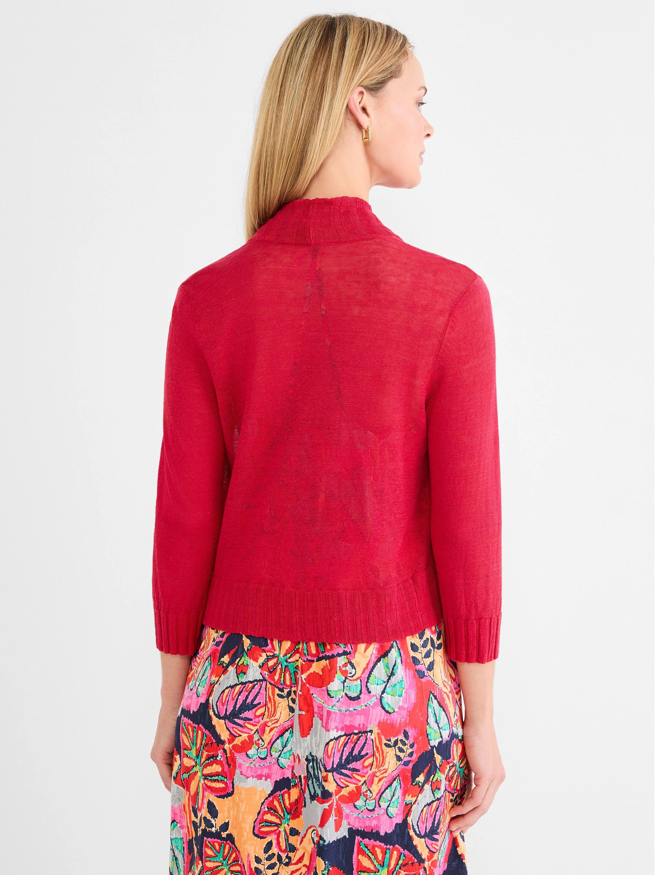Red bolero cardigan: back view, 3/4 sleeves, stand collar, ribbed cuffs & hem. Lightweight, semi-sheer knit.