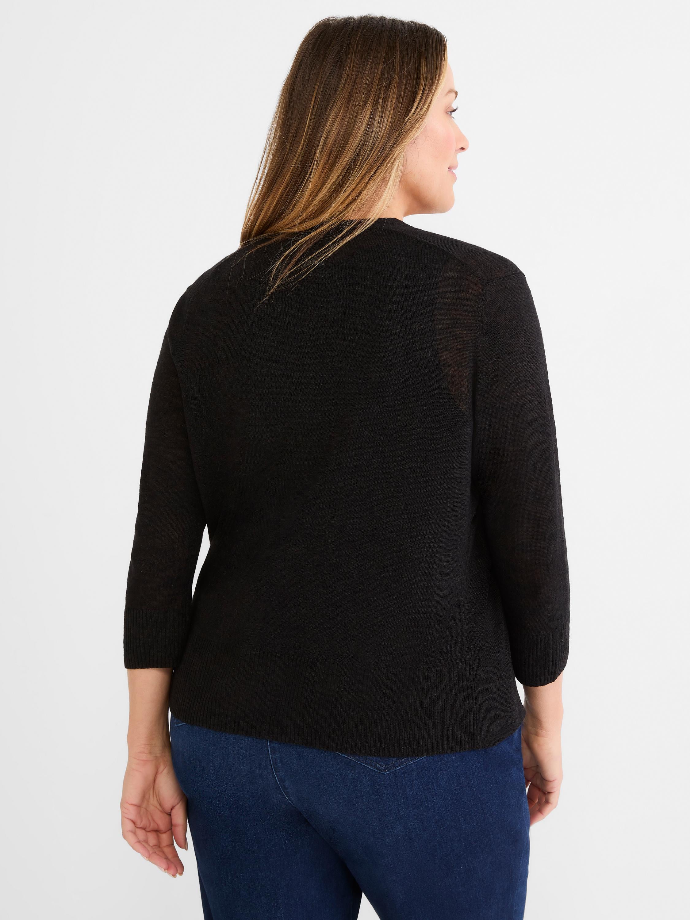 Fitted black fine-knit sweater with three-quarter sleeves and ribbed cuffs, shown from the back profile.