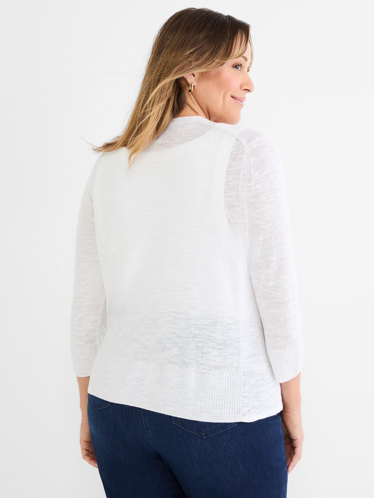 She wears a relaxed fit white knit cardigan with 3/4 length sleeves and a ribbed hem over dark jeans.